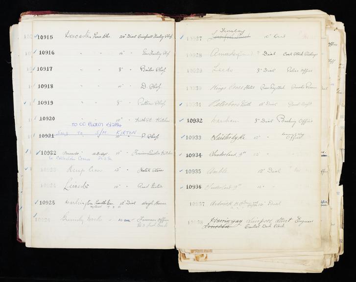 Pages 123 and 124 of London & North Eastern Railway and successors clock record ledger no. 3 covering clock nos. 10915 to 10938