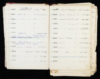Pages 119 and 120 of London & North Eastern Railway and successors clock record ledger no. 3 covering clock nos. 10867 to 10890