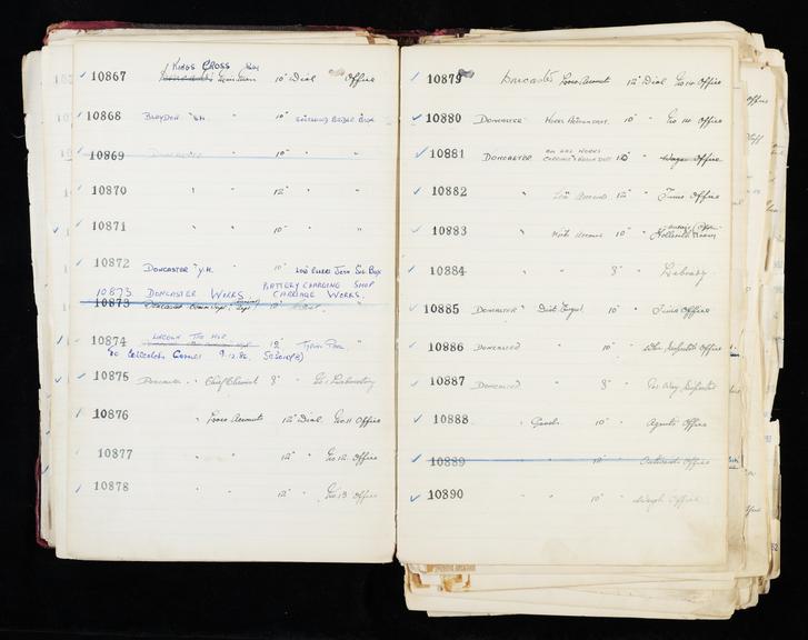 Pages 119 and 120 of London & North Eastern Railway and successors clock record ledger no. 3 covering clock nos. 10867 to 10890