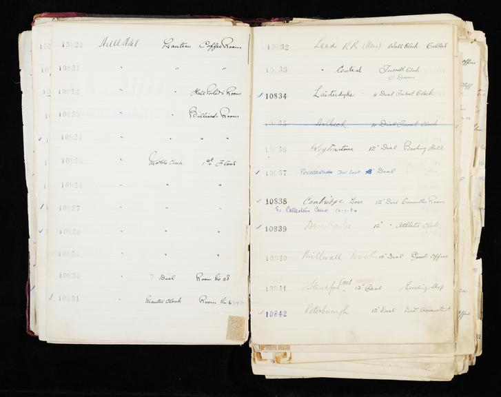 Pages 115 and 116 of London & North Eastern Railway and successors clock record ledger no. 3 covering clock nos. 10820 to 10842