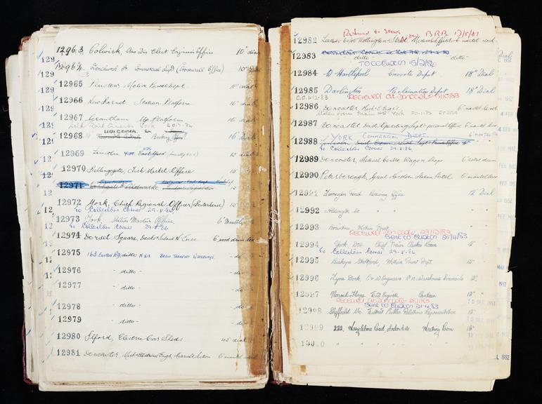 Pages 273 and 274 of London & North Eastern Railway and successors clock record ledger no. 3 covering clock nos. 12963 to 13000