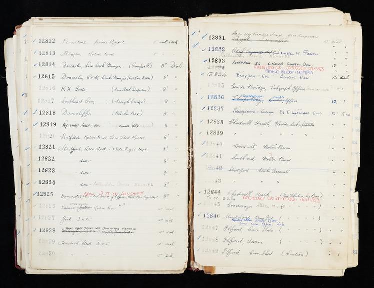 Pages 265 and 266 of London & North Eastern Railway and successors clock record ledger no. 3 covering clock nos. 12812 to 12849