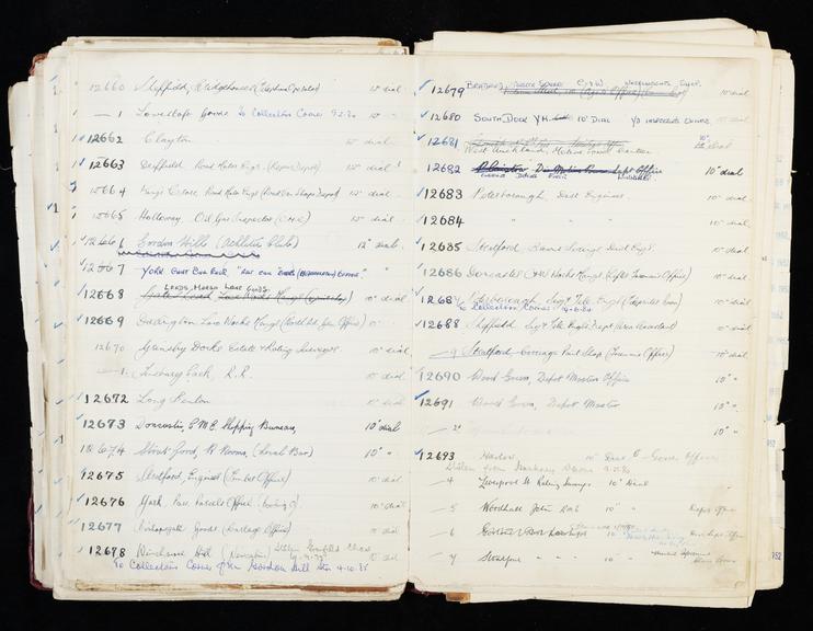 Pages 257 and 258 of London & North Eastern Railway and successors clock record ledger no. 3 covering clock nos. 12660 to 12697