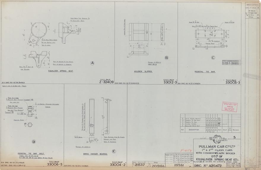 Drawing of Metropolitan Cammell Carriage & Wagon Co. Ltd., Railway Drawing Office, Saltley Pullman Car Co. Ltd. 1st & 2nd Class Cars with Commonwealth Bogies Details of Equaliser Spring Seat Etc.