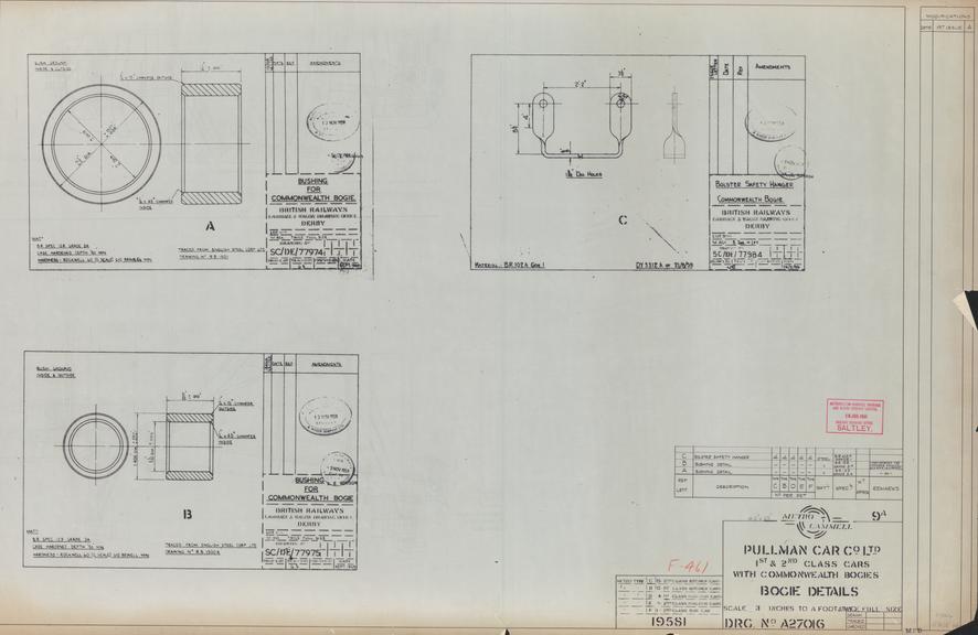 Drawing of Metropolitan Cammell Carriage & Wagon Co. Ltd., Railway Drawing Office, Saltley 1st & 2nd Class Cars with Commonwealth Bogie Bogie Details