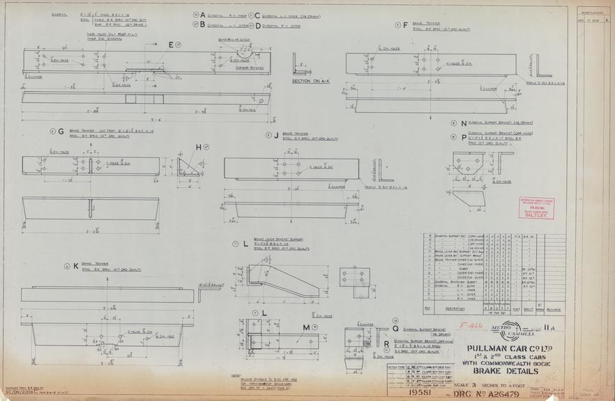 Drawing of Metropolitan Cammell Carriage & Wagon Co. Ltd., Railway Drawing Office, Saltley Pullman Car Co. Ltd. 1st & 2nd Class Cars with Commonwealth Bogies Brake Details