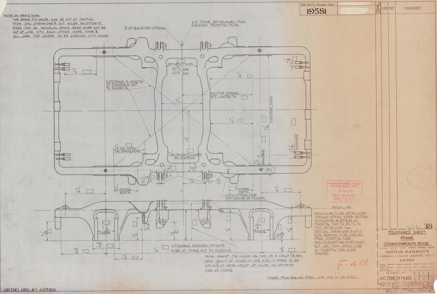 Drawing of Metropolitan Cammell Carriage & Wagon Co. Ltd., Railway Drawing Office, Saltley Tolerance Sheet Frame Commonwealth Bogie