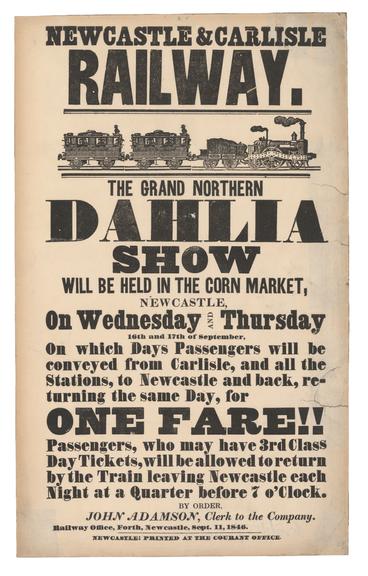 Notice. Newcastle and Carlisle Railway. A Grand Northern Dahlia Show will be held in the Corn Market (Notice)