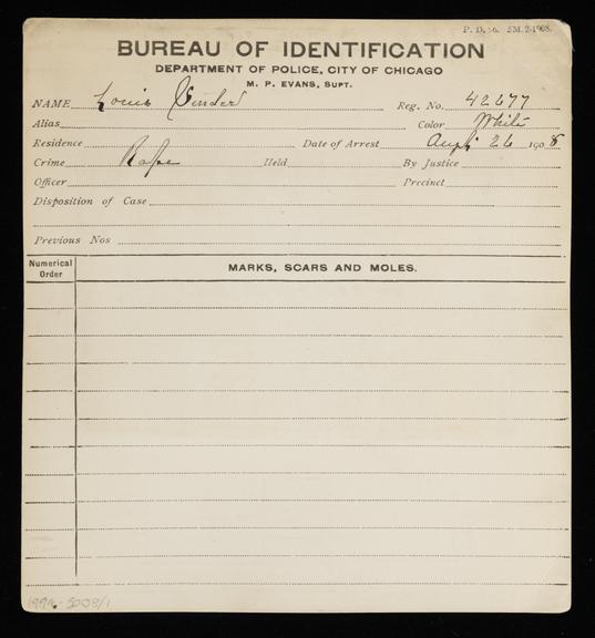 Criminal record card with photograph