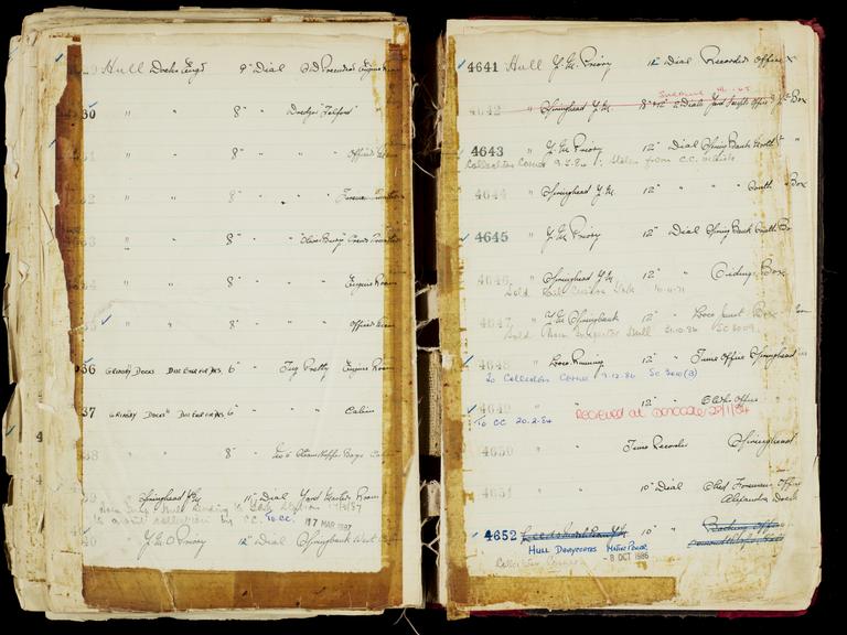 Pages 387 and 388 of London & North Eastern Railway and successors clock record ledger no. 2 covering clock nos. 4629 to 4652