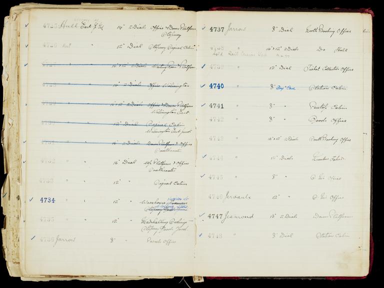 Pages 395 and 396 of London & North Eastern Railway and successors clock record ledger no. 6 covering clock nos. 4725 to 4748