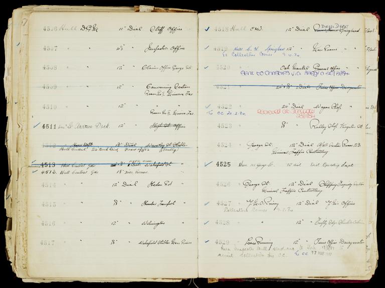 Pages 377 and 378 of London & North Eastern Railway and successors clock record ledger no. 1 covering clock nos. 4506 to 4529