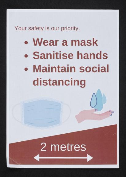 Poster asking people to wear a mask, sanitise hands and maintain a two metre distance