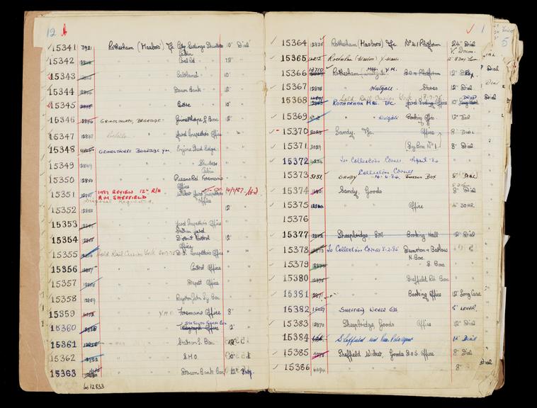 Pages 11 and 12 of London & North Eastern Railway clock record book [no. 5] covering clock nos. 15341 to 15386