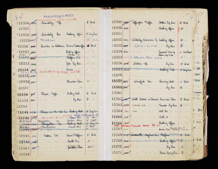 Pages 19 and 20 of London & North Eastern Railway clock record book [no. 5] covering clock nos. 15526 to 15571