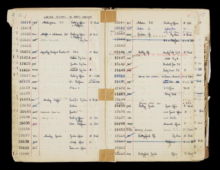 Pages 23 and 24 of London & North Eastern Railway clock record book [no. 5] covering clock nos. 15618 to 15663