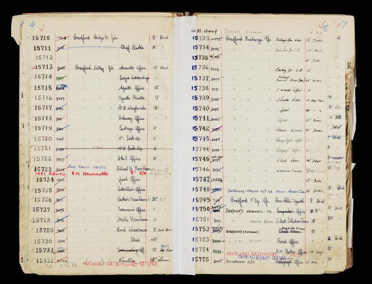 Pages 27 and 28 of London & North Eastern Railway clock record book [no. 5] covering clock nos. 15710 to 15755