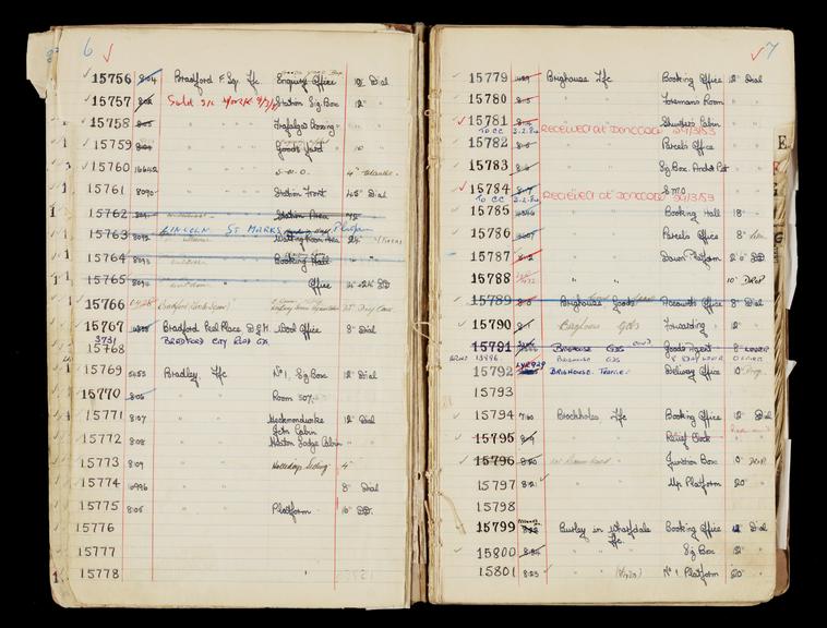 Pages 29 and 30 of London & North Eastern Railway clock record book [no. 5] covering clock nos. 15756 to 15801