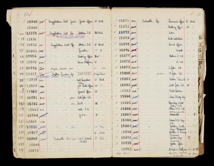 Pages 33 and 34 of London & North Eastern Railway clock record book [no. 5] covering clock nos. 15848 to 15893