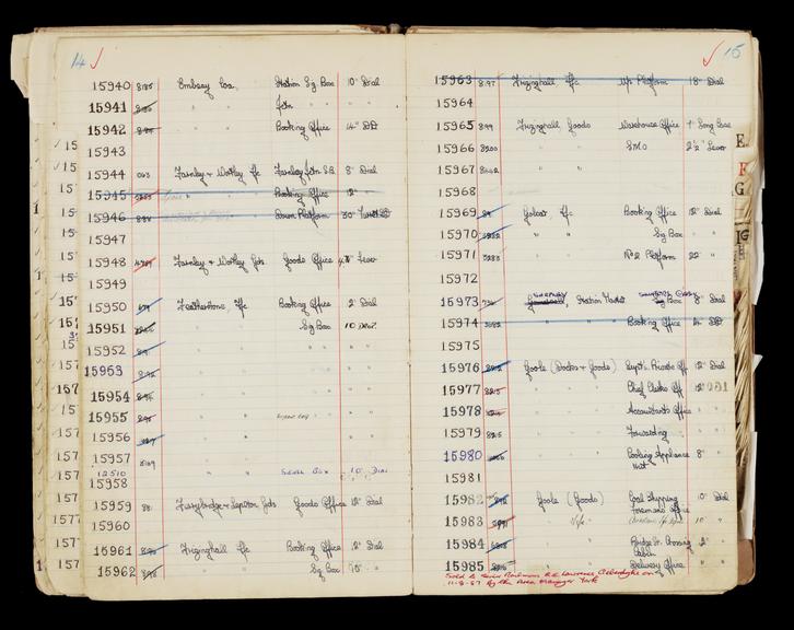 Pages 37 and 38 of London & North Eastern Railway clock record book [no. 5] covering clock nos. 15940 to 15985