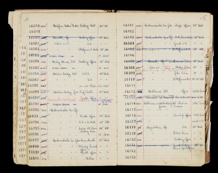 Pages 43 and 44 of London & North Eastern Railway clock record book [no. 5] covering clock nos. 16078 to 16123