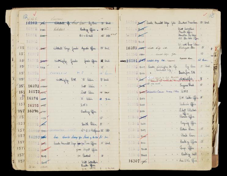 Pages 51 and 52 of London & North Eastern Railway clock record book [no. 5] covering clock nos. 16262 to 16307