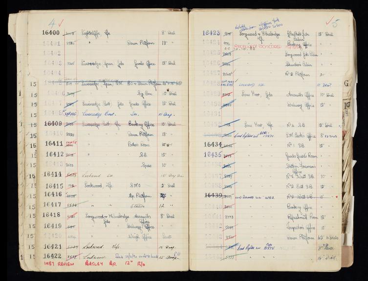 Pages 57 and 58 of London & North Eastern Railway clock record book [no. 5] covering clock nos. 16400 to 16445