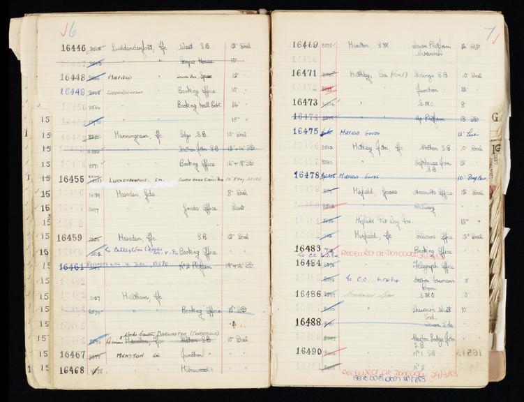 Pages 59 and 60 of London & North Eastern Railway clock record book [no. 5] covering clock nos. 16446 to 16491