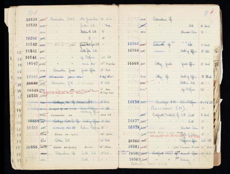 Pages 63 and 64 of London & North Eastern Railway clock record book [no. 5] covering clock nos. 16538 to 16583