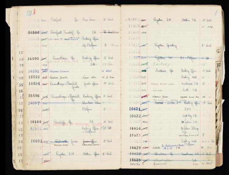 Pages 65 and 66 of London & North Eastern Railway clock record book [no. 5] covering clock nos. 16584 to 16629