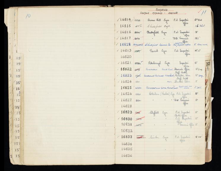 Pages 75 and 76 of London & North Eastern Railway clock record book [no. 5] covering clock nos. 16814 to 16836