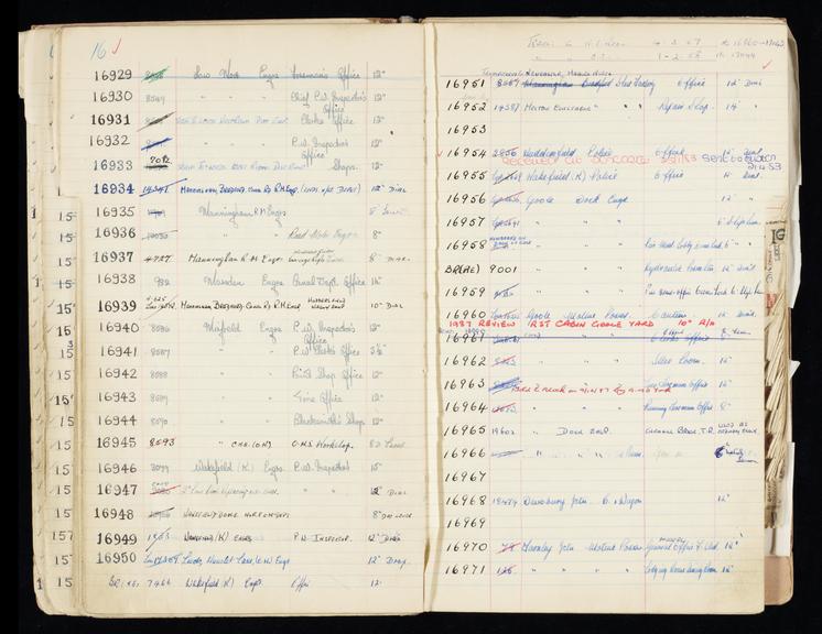 Pages 81 and 82 of London & North Eastern Railway clock record book [no. 5] covering clock nos. 16929 to 16971