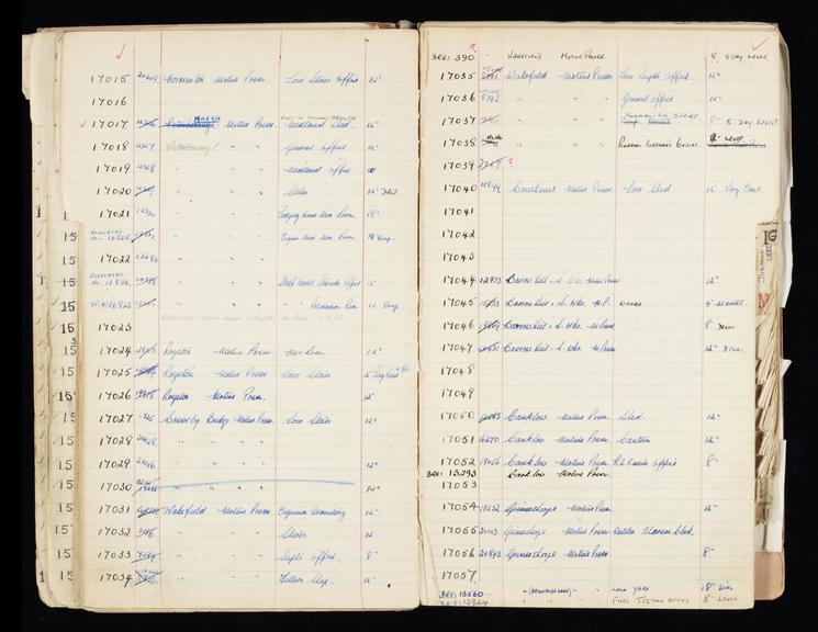 Pages 85 and 86 of London & North Eastern Railway clock record book [no. 5] covering clock nos. 17015 to 17057