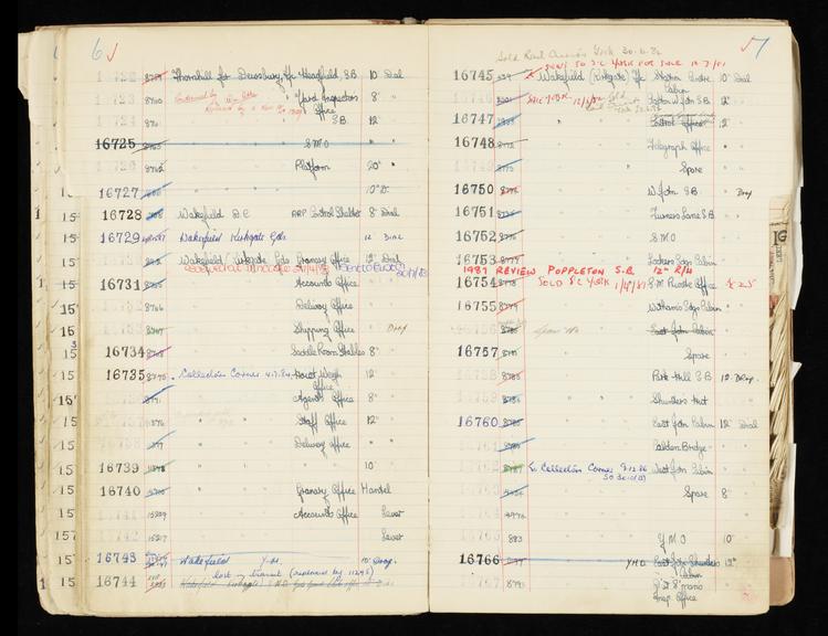 Pages 71 and 72 of London & North Eastern Railway clock record book [no. 5] covering clock nos. 16722 to 16767