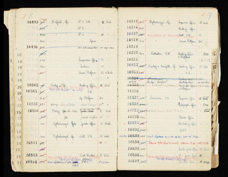 Pages 61 and 62 of London & North Eastern Railway clock record book [no. 5] covering clock nos. 16492 to 16537