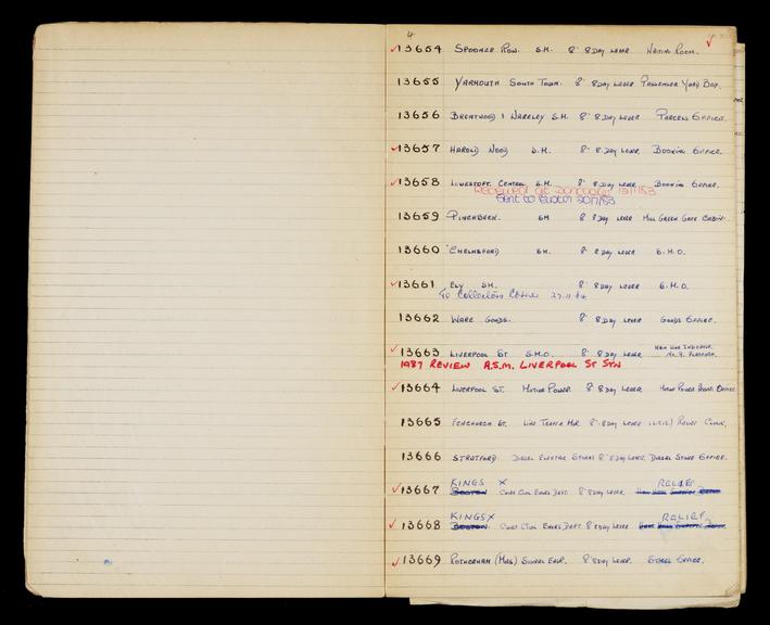 Pages 6 and 7 of London & North Eastern Railway and successors clock record book no. 4 covering clock nos. 13654 to 13669