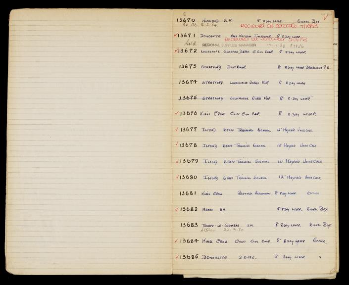 Pages 8 and 9 of London & North Eastern Railway and successors clock record book no. 4 covering clock nos. 13670 to 13685