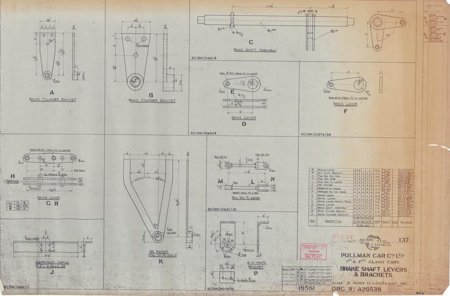 Drawing of Metropolitan Cammell Carriage, Wagon Co. Ltd., Railway Drawing Office, Saltley Brake Shaft, Levers, & Brackets 1st & 2nd Class Cars