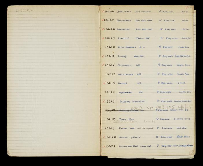 First flyleaf and page 1 of London & North Eastern Railway and successors clock record book no. 4 covering clock nos. 13606 to 13621