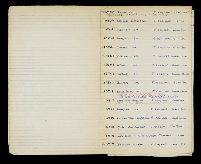 Pages 12 and 13 of London & North Eastern Railway and successors clock record book no. 4 covering clock nos. 13702 to 13717