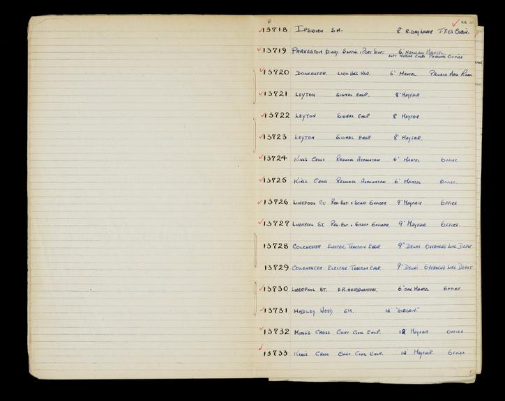 Pages 14 and 15 of London & North Eastern Railway and successors clock record book no. 4 covering clock nos. 13718 to 13733