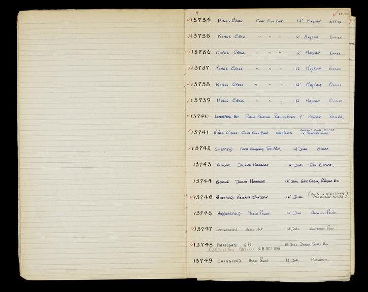 Pages 16 and 17 of London & North Eastern Railway and successors clock record book no. 4 covering clock nos. 13734 to 13749