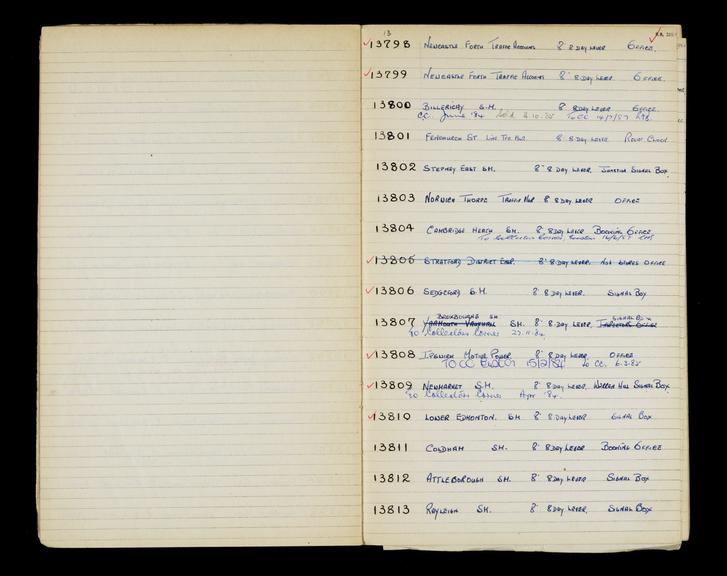 Pages 24 and 25 of London & North Eastern Railway and successors clock record book no. 4 covering clock nos. 13798 to 13813