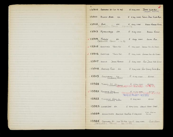 Pages 38 and 39 of London & North Eastern Railway and successors clock record book no. 4 covering clock nos. 13910 to 13925