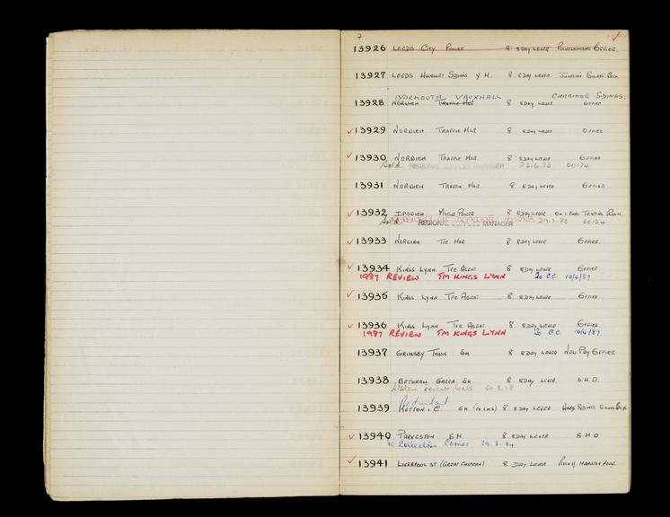 Pages 40 and 41 of London & North Eastern Railway and successors clock record book no. 4 covering clock nos. 13926 to 13941