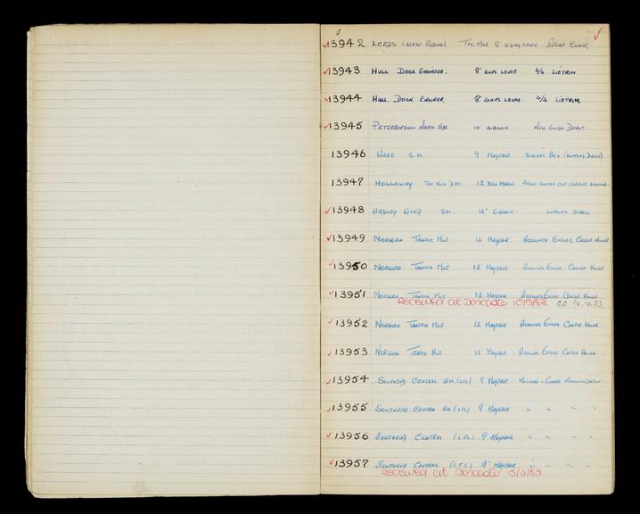 Pages 42 and 43 of London & North Eastern Railway and successors clock record book no. 4 covering clock nos. 13942 to 13957