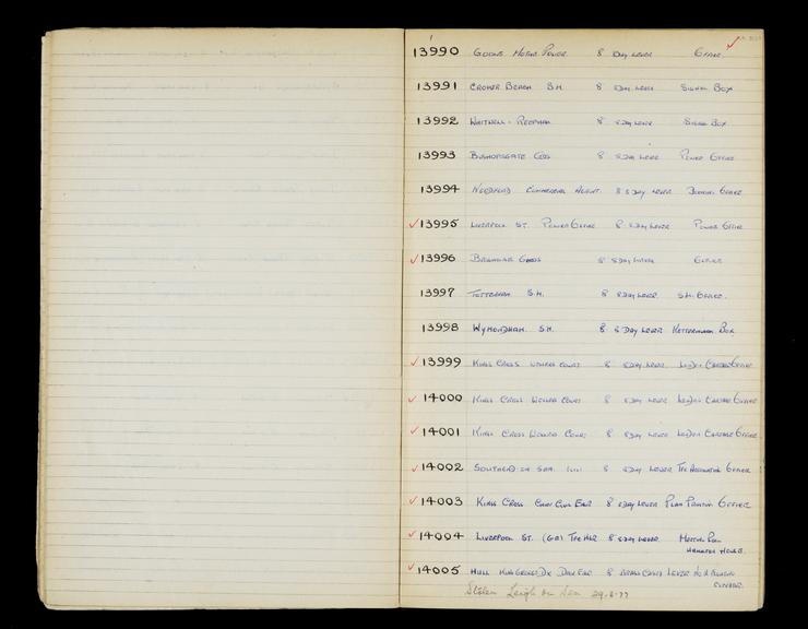 Pages 48 and 49 of London & North Eastern Railway and successors clock record book no. 4 covering clock nos. 13990 to 14005