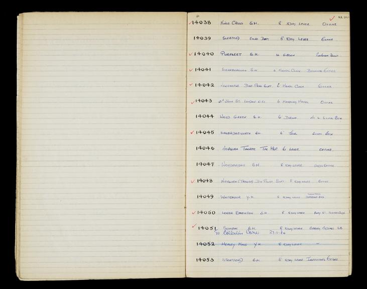 Pages 54 and 55 of London & North Eastern Railway and successors clock record book no. 4 covering clock nos. 14038 to 14053