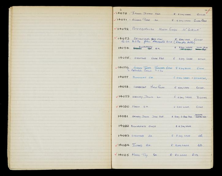 Pages 58 and 59 of London & North Eastern Railway and successors clock record book no. 4 covering clock nos. 14070 to 14085