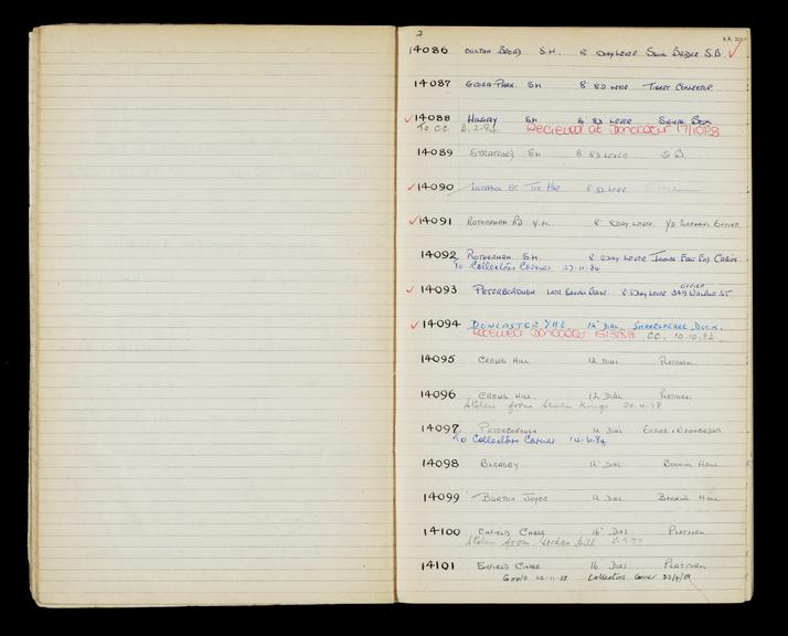 Pages 60 and 61 of London & North Eastern Railway and successors clock record book no. 4 covering clock nos. 14086 to 14101